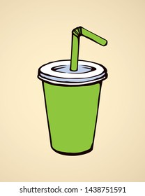 Pop vibrant green plastic tare of tasty fizzy cool ice sweet gas softdrink coctail on white background. Bright color hand drawn mug logo emblem sketch in art doodle style. Close up with space for text