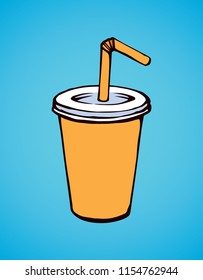 Pop vibrant orange plastic tare of tasty fizzy cool ice sweet gas softdrink coctail on blue background. Bright yellow color hand drawn mug logo sketch in art doodle style. Close up with space for text