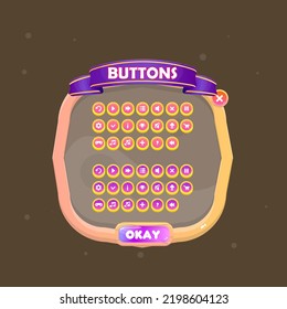 Pop Up Window Buttons Set Banner For Games In Orange Wooden Glamour Style Cute Colorful Cartoon Vector Design