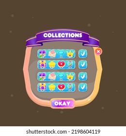 Pop Up Window  Collections Icons Banner For Games In Orange Wooden Glamour Style Cute Colorful Cartoon Vector Design