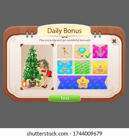 Pop Up Window Daily Bonus For Game UI Cartoon Beige Brown Style Green Buttons Monograms Double Rounded Down Angles Vector Design