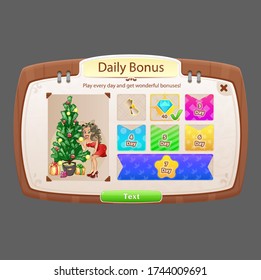 Pop Up Window Daily Bonus For Game UI Cartoon Beige Brown Style Green Buttons Monograms Vector Design