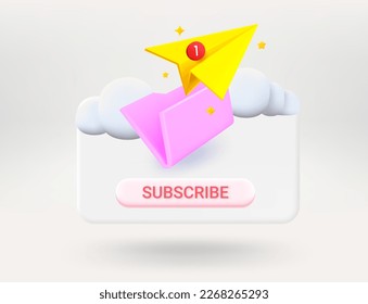Pop up window with Folder with paper plane. Subscribe concept. 3d vector illustration