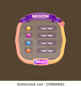 Pop Up Window Mission Banner For Games In Orange Wooden Glamour Style Cute Colorful Cartoon Vector Design