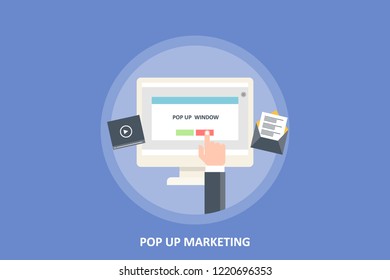 Pop up window on computer screen - Pop up Ad banner - Pop up marketing - flat design vector illustration with icons