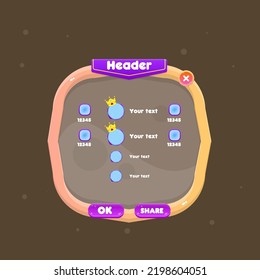 Cuadro De Clasificación De Ventanas Emergentes Con Ventanas Azules Y Cuatro Elementos Banner Vertical Para Juegos En Estilo Glamour De Madera Naranja Diseño De Vector De Dibujos Coloridos Cuadros