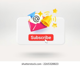 Pop up window with red button, blue envelope and golden bell. Subscribe concept. 3d vector illustration