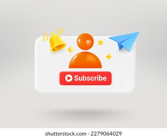 Pop up window with red button, blue plane, profile icon and golden bell. Subscribe concept. 3d vector illustration