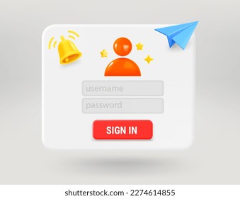 Pop up window with sign in , blue plane, profile icon and golden bell. Subscribe concept. 3d vector illustration