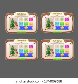 Pop Up Windows Daily Bonus Set For Game UI Cartoon Beige Brown Style Green Buttons Monograms Vector Design