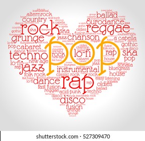 Pop. Word cloud, heart, italic font, gradient grey background. Love of music.