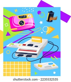 Popart, 90s, game console with joystick, vintage accessories past, design cartoon style vector illustration, isolated on white.