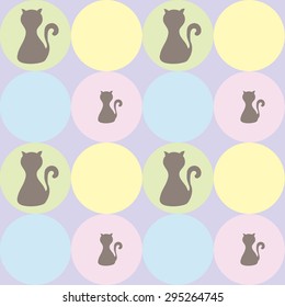 Pop-art big circle background pastel color gray cats silhouette seamless pattern