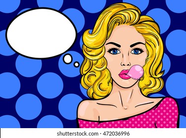 Pop-art blond woman with gum on a blue vintage background. Vector illustration with bubble for text