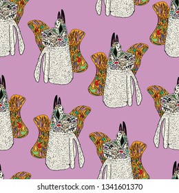 Pop-art butterfly dogs illustrated, seamless pattern. Pastel pattern for fabrics, children, wall hangings, gift wrapping, stationery, and interior design. For more, please visit www.danmaridesign.com.
