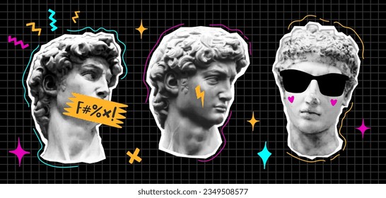 Montaje de color con rostros modernos de grecia. Efecto de medio tono de vector psicodélico retro pop con cabezas de estatuas antiguas de la diosa y dios mítico. Grunge la antigua escultura surrealista