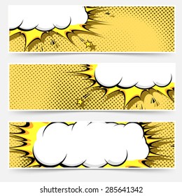 Pop-art comic book style web flyer layout collection in orange color with polka dot and explosion retro cloud. Vector illustration