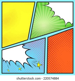 Pop-art comic page sheet template - with collection of beam and dot backgrounds. Vector illustration