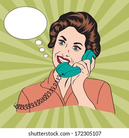 Popart Comic Retro Woman Talking By Phone, Vector Illustration