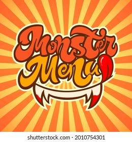 Pop-art fast food logo. Monster menu for Halloween. Vector illustration.