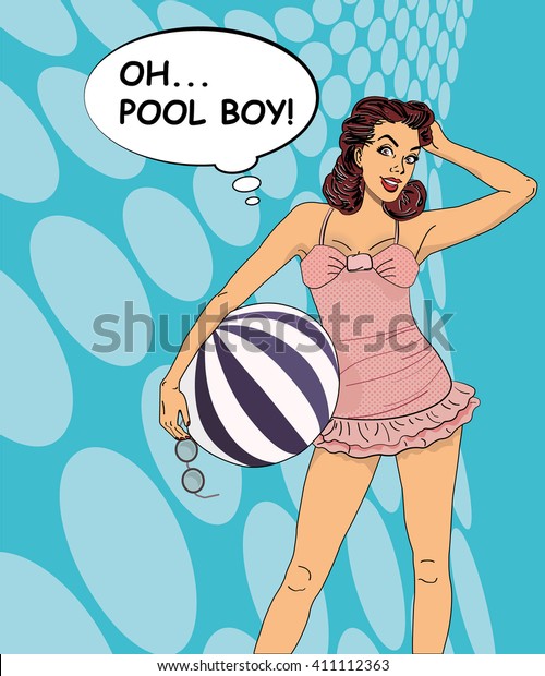 Download Popart Girl Beach Ball Swimsuit On Stock Vector Royalty Free 411112363