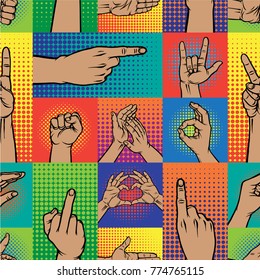 Popart hands fingers vector gesture human symbols hands different pop art handle pose signal illustration seamless pattern background