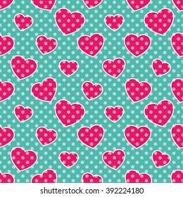 Pop-Art Hearts, Seamless colorful pattern with pink hearts on blue background, vector illustration, polka-dot