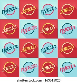 Pop-art minimalism seamless pattern with words NYEAR and XMAS. Red-green vector eps8 