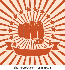 Popart Power Force Fist Poster With Stars And Ribbon Vector Illustration