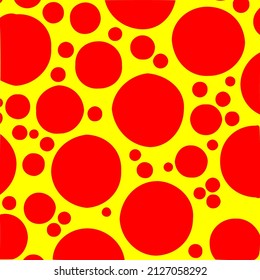 Pop-art random polka dots, circles pattern. Red and yellow, duotone pointillist background, pattern, texture with slightly distorted circles