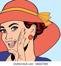 Popart Retro Woman With Sun Hat In Comics Style, Vector Summer Illustration