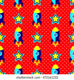 Pop-Art Rockets, Seamless pattern inspired by the style of 60s, retro technology
