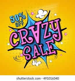 Pop-art style, Crazy Sale Poster, Banner, Flyer or Pamphlet with 50% Discount Offer.