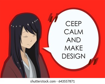 Pop-Art Style Cute Cartoon Japan Girl with Speech Bubble template. Calm Comic China Woman Character Face. Attracting attention Red Advertising Retro Poste Vector illustration.