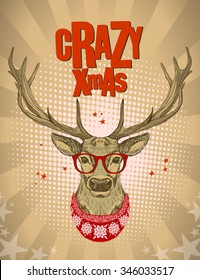 Pop-art style design with hipster deer dressed in red glasses and knitted sweater, crazy xmas card, vector illustration.