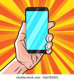 PopArt Style Mokup With Smartphone In Hand. Widescreen Phone Mokup