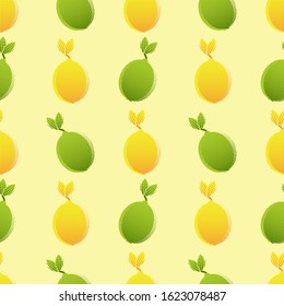 Pop-art style seamless pattern of citrus fruits in orange,  and yellow, leaves. Vector with swatch.
