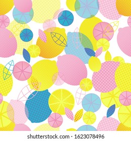 Pop-art style seamless pattern of citrus fruits in pink, orange, blue and yellow, leaves, slices. Vector with swatch.