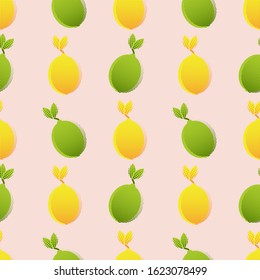 Pop-art style seamless pattern of citrus fruits in orange, green and yellow, leaves. Vector with swatch.