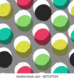 Pop-art style seamless print. Yellow, Cyan, Green, Black Circles on Diagonal lines Background. Abstract Fashion Seamless Pattern.