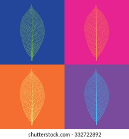 Pop-art style vector leaf skeletons isolated on varicolored backgrounds