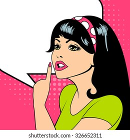 pop-art young woman making a finger gesture quiet 