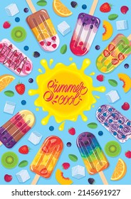 Popcikle background with various fruits, ice cubes, berries, mint leaves, lettering. Summer frozen refreshment poster with different fruit ice creams