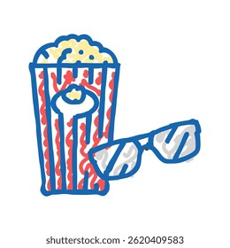 Palomitas de maíz 3D gafas de cine Vector de dibujo de icono de doodle. palomitas de maíz 3D gafas de cine signo. ilustración de símbolo aislado
