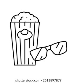 popcorn 3d cinema glasses line icon vector. popcorn 3d cinema glasses sign. isolated contour symbol black illustration