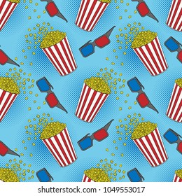 Popcorn and 3d cinema glasses seamless pattern. Cinema design in comics style. Pop Art vintage vector illustration
