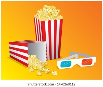 Popcorn and 3d glass for movie watching concept in vector illustration