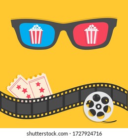 Popcorn. 3D glasses. Film strip border. Tickets. Pop corn. Red striped box. Reel. Cinema movie night icon set. Flat design. Yellow background. Isolated. Vector illustration