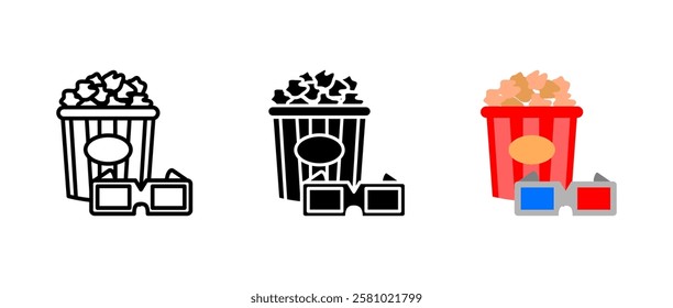 Popcorn with 3D glasses icon. Classic cinema snack sign. Movie theater food symbol. Entertainment and film screening pictogram. Fun movie night illustration.