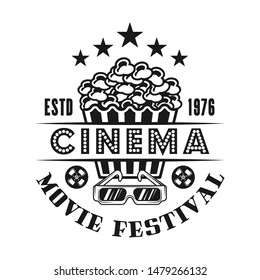Popcorn and 3d glasses vector emblem, label, badge or logo for cinema in monochrome vintage style isolated on white background